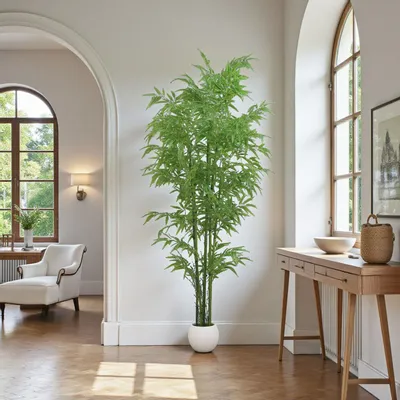 Décorations florales - Grand bambou artificiel 6 troncs en pot blanc - LIGNE DÉCO