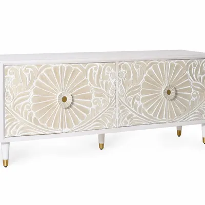 TV stands - White mango wood TV unit with gold accents - GINER Y COLOMER