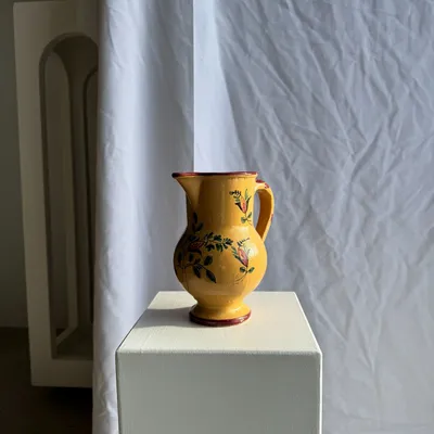 Carafes - Large handmade antique ochre yellow carafe with pink flower pattern - OFFICE OBJETS