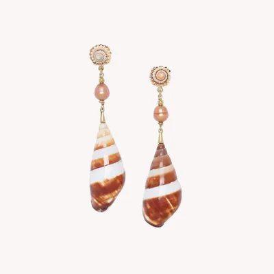 Bijoux - Boucles d'oreilles poussoir top coquillage echinella et perle d'eau douce orange - Alona - NATURE BIJOUX