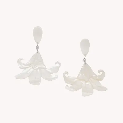 Bijoux - Boucles d'oreilles poussoir pendant fleur nacre blanche - Lis Blanc - NATURE BIJOUX