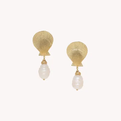 Jewelry - Post earrings with golden shell and french water pearl dangle - Spiaggia Rosa - NATURE BIJOUX
