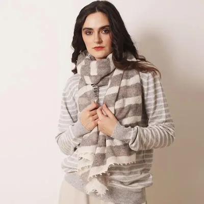 Scarves - Ivory and Grey Striped Hand Knitted & Felted Scarf - PASHMA