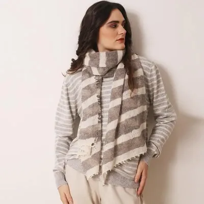 Scarves - Ivory and Grey Striped Hand Knitted & Felted Scarf - PASHMA