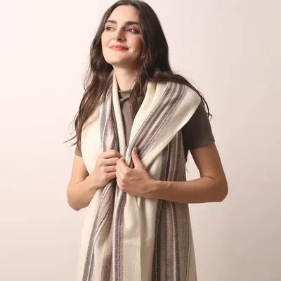 Scarves - Ivory Striped Cashmere Scarf - PASHMA