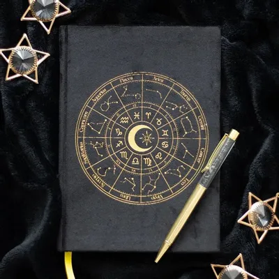 Papeterie - Journal de la Roue Astrologique avec stylo en obsidienne noire - SOMETHING DIFFERENT WHOLESALE