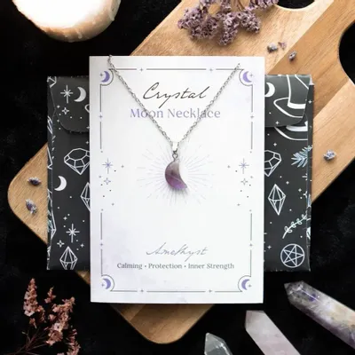Jewelry - Amethyst Crystal Moon Necklace on Greeting Card - SOMETHING DIFFERENT WHOLESALE