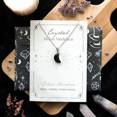 Jewelry - Black Obsidian Crystal Moon Necklace on Greeting Card - SOMETHING DIFFERENT WHOLESALE