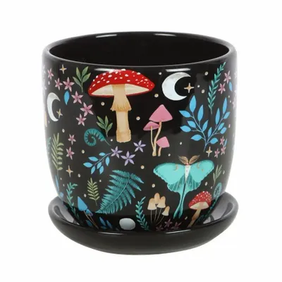 Flower pots - Dark Forest Print Ceramic Plant Pot with Saucer - SOMETHING DIFFERENT WHOLESALE