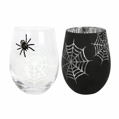 Glass - Set of 2 Spider and Web Stemless Wine Glasses - SOMETHING DIFFERENT WHOLESALE