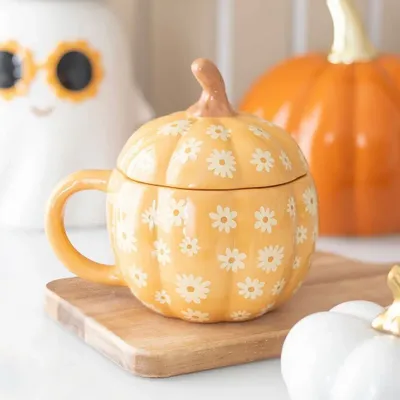 Mugs - Groovy Floral Pumpkin Lidded Mug - SOMETHING DIFFERENT WHOLESALE