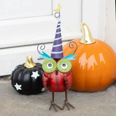 Ornaments - Red Metal Owl Ornament with Witch Hat - SOMETHING DIFFERENT WHOLESALE