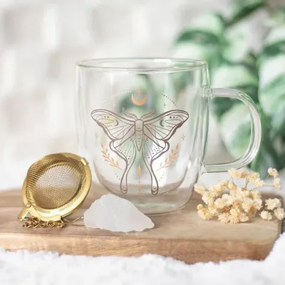 Mugs - Luna Moth Double Walled Glass Mug with Crystal Tea Infuser - SOMETHING DIFFERENT WHOLESALE