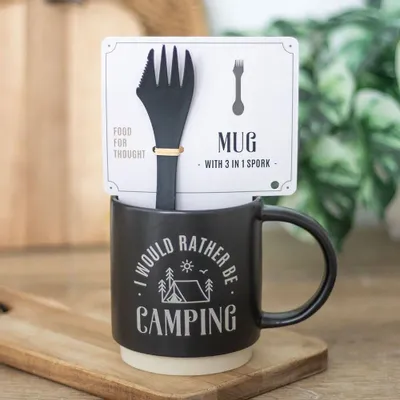 Tasses et mugs - Mug « Je préférerais être en camping » avec cuillère-fourchette 3 en 1 - SOMETHING DIFFERENT WHOLESALE