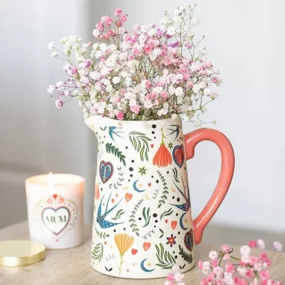 Vases - Cream Folk Print Ceramic Flower Jug - SOMETHING DIFFERENT WHOLESALE
