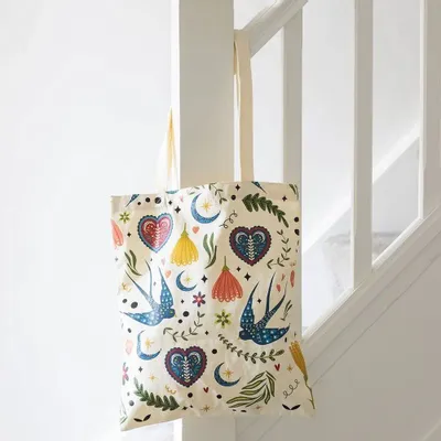 Bags and backpacks - Cream Folk Print Polycotton Tote Bag - SOMETHING DIFFERENT WHOLESALE