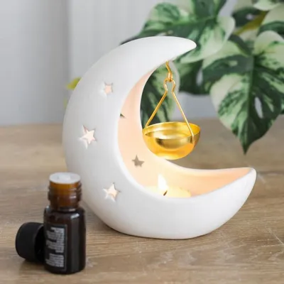 Scents - White Crescent Moon Oil Burner with Gold Dish - SOMETHING DIFFERENT WHOLESALE