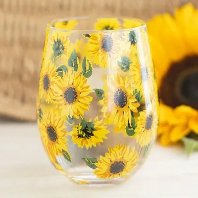 Glass - Sunflower Print Stemless Glass - SOMETHING DIFFERENT WHOLESALE