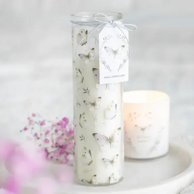 Candles - White Butterfly Print Vanilla Tube Candle - SOMETHING DIFFERENT WHOLESALE