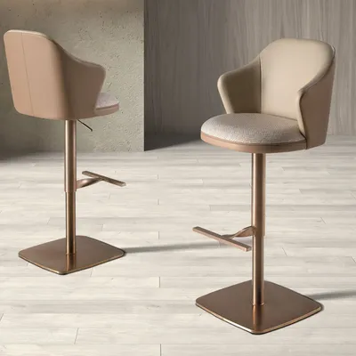 Tabourets - Tabouret pivotant en tissu crème marbré et similicuir marron - ANGEL CERDÁ
