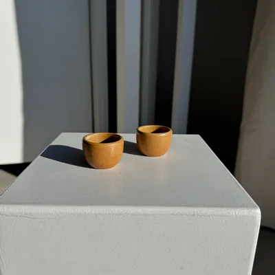 Bowls - Duo of vintage beige stoneware egg cups - Grès Village France H4 - OFFICE OBJETS