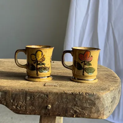 Mugs - Set of 2 vintage sandstone hand painted flower mugs H9.5 - OFFICE OBJETS