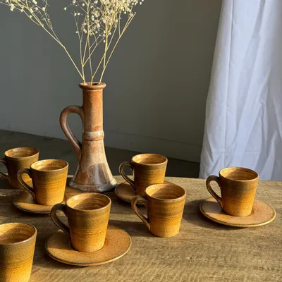 Mugs - Set of 10 cups and 7 saucers ochre stoneware H7 - OFFICE OBJETS