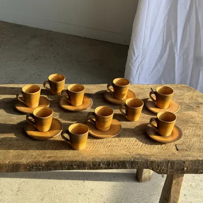 Mugs - Set of 10 cups and 7 saucers ochre stoneware H7 - OFFICE OBJETS