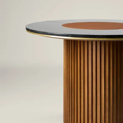 Dining Tables - The Shelby Table Wood + Marble + Brass + Leather - ARBORE BY CAREL WOODWORKS
