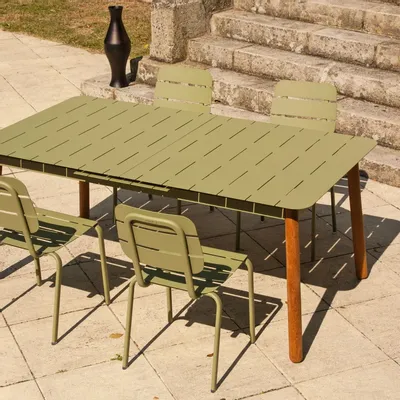 Tables Salle à Manger - Table à manger ALICANTE 6/8p., extension automatique, plateau en aluminium et pieds en teck. - EZEÏS