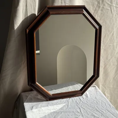Mirrors - 58x48 vintage brown wood octagonal mirror - OFFICE OBJETS