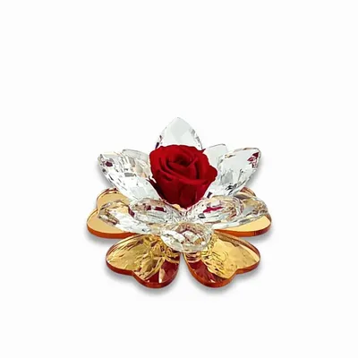 Gifts - iris - Crystal flowers and a preserved rose with a gold plexiglass base - DEBORACARLUCCI