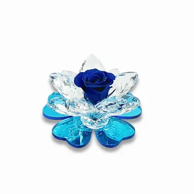 Gifts - iris Crystal flowers and a preserved rose with a bleu plexiglass base - DEBORACARLUCCI