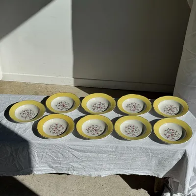 Formal plates - Set of 9 large vintage soup plates yellow pink flowers - OFFICE OBJETS