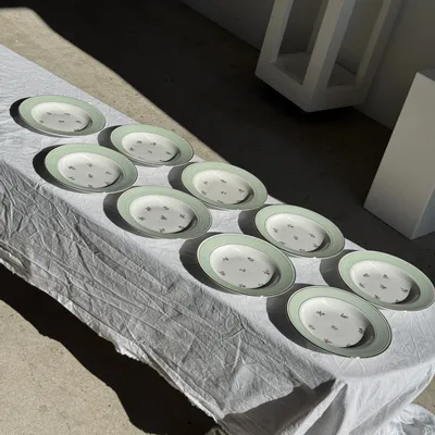 Assiettes de réception - Lot de 9 assiettes creuses vintage turquoises liseré doré fleurs roses - OFFICE OBJETS