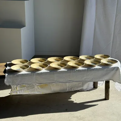 Everyday plates - Set of 12 Digoin Sarreguemines beige pink blue soup plates - OFFICE OBJETS