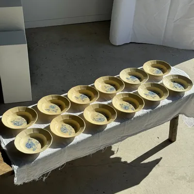 Everyday plates - Set of 12 Digoin Sarreguemines beige pink blue soup plates - OFFICE OBJETS