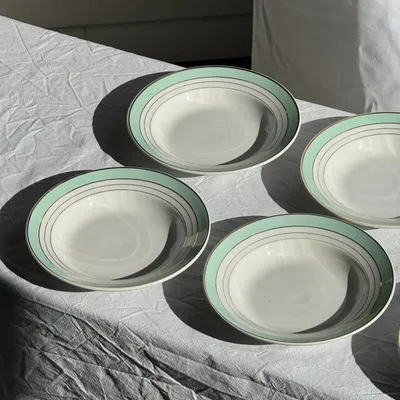 Formal plates - Set of 8 antique turquoise soup plates with gold border D22.5 - OFFICE OBJETS