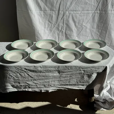 Formal plates - Set of 8 antique turquoise soup plates with gold border D22.5 - OFFICE OBJETS