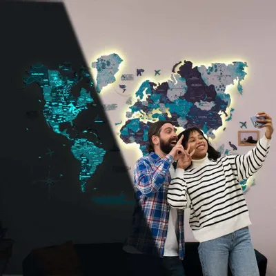 Other wall decoration - World Wooden Map Colored 3D L Prime Ocean Lum LED 3.0 EU Right - ENJOY THE WOOD