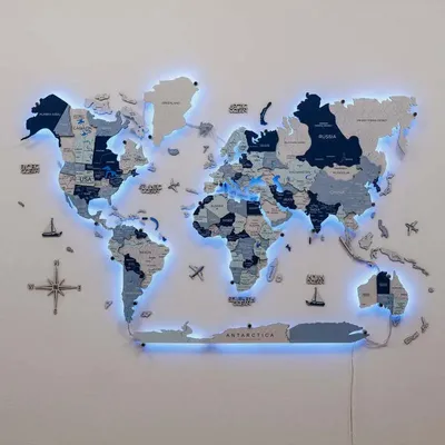 Other wall decoration - World Wooden Map Colored 3D M Prime Aqua Lum LED 3.0 EU Right - ENJOY THE WOOD