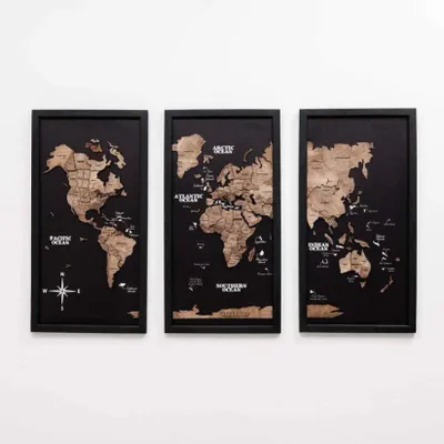 Other wall decoration - 3D Wooden Triptych World Map Dark walnut M White - ENJOY THE WOOD