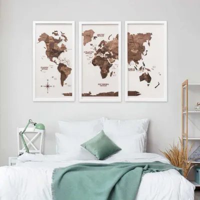 Other wall decoration - 3D Wooden Triptych World Map Dark walnut M Black - ENJOY THE WOOD