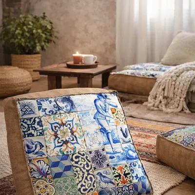 Ottomans - Azulejo Heritage Pouf , floor seating, bench cushion seat custom made - ARTISAN BY MF