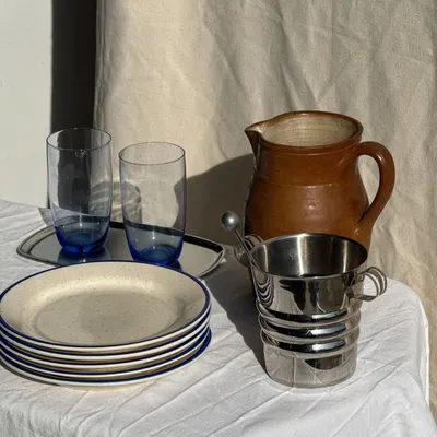 Assiettes au quotidien - Lot composé de 6 assiettes plates beige liseré bleu 3 creuses - OFFICE OBJETS