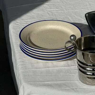 Assiettes au quotidien - Lot composé de 6 assiettes plates beige liseré bleu 3 creuses - OFFICE OBJETS