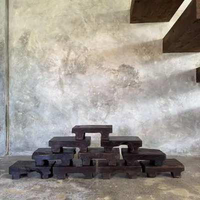 Stools - Small stool, wabi-sabi black solid teak side stool L30 l8.5 - OFFICE OBJETS