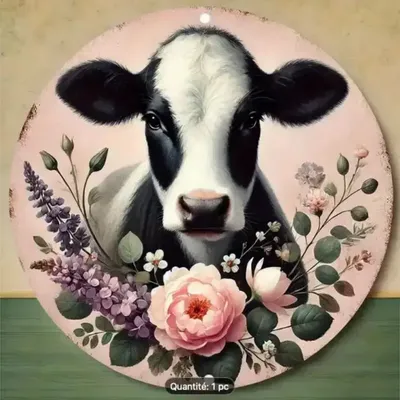 Design objects - Round Aluminium Panel The Cow with the Rose - VACHES ET COMPAGNIE
