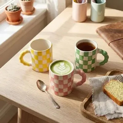 Mugs - Checkered Ceramic Mugs -- 3x3x3.5 Inches - CASA AMAROSA