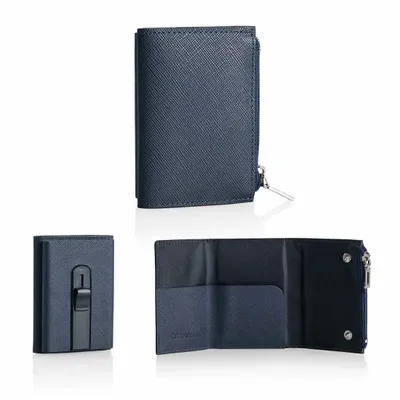 Design objects - Compact wallet with automatic card holder, coin pocket and RFID protection in genuine blue saffiano leather - OTTAVIANI
